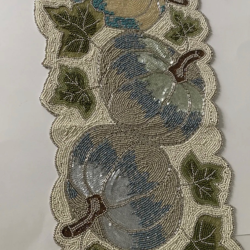 Rachel Zoe 13x36” Fall Autumn Thanksgiving Beaded Table Runner Ivory Teal Silver - Picture 3 of 6